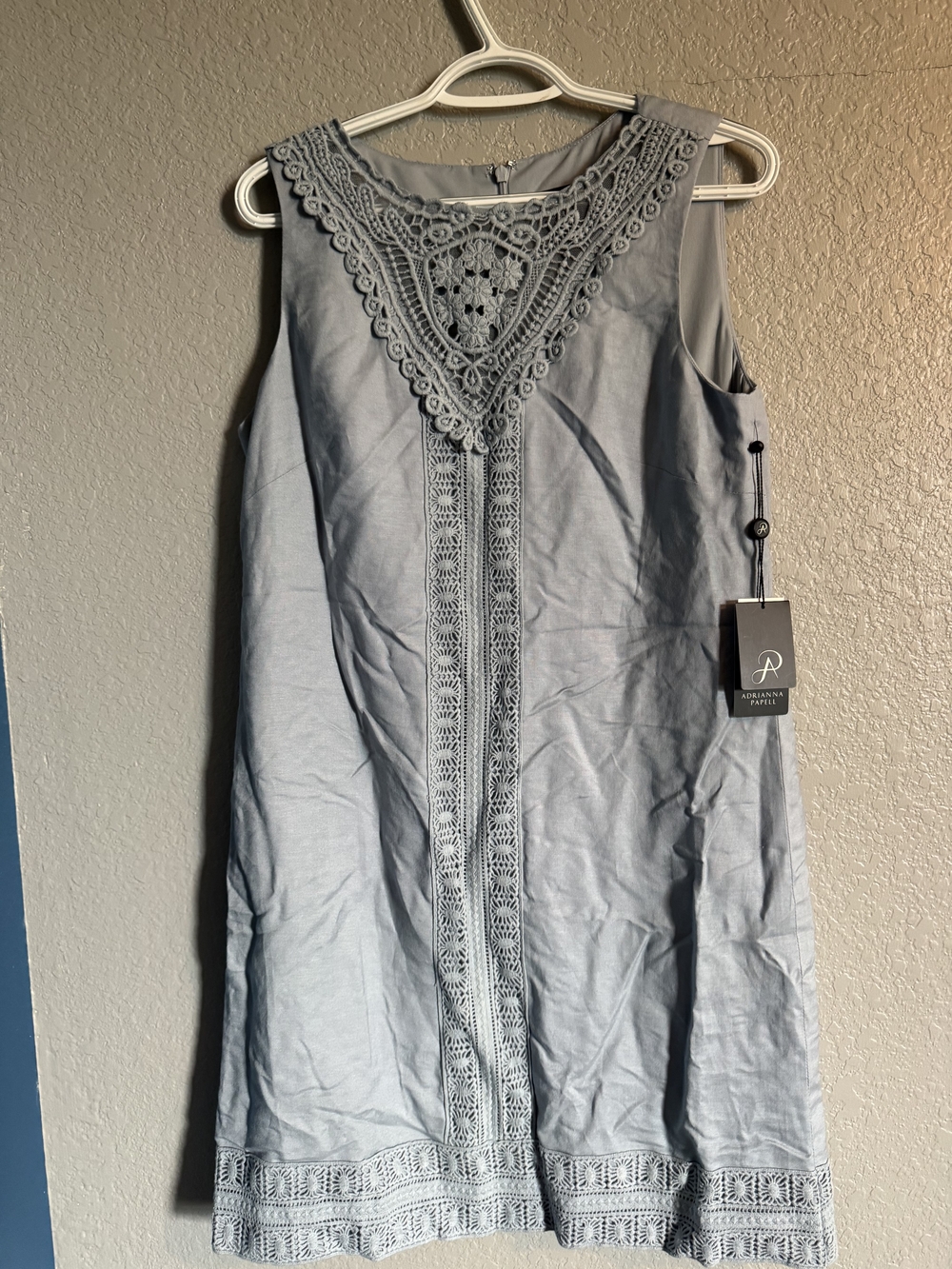 Adrianna Papell Pale Blue Crochet-Detail Sleeveless Mini Dress